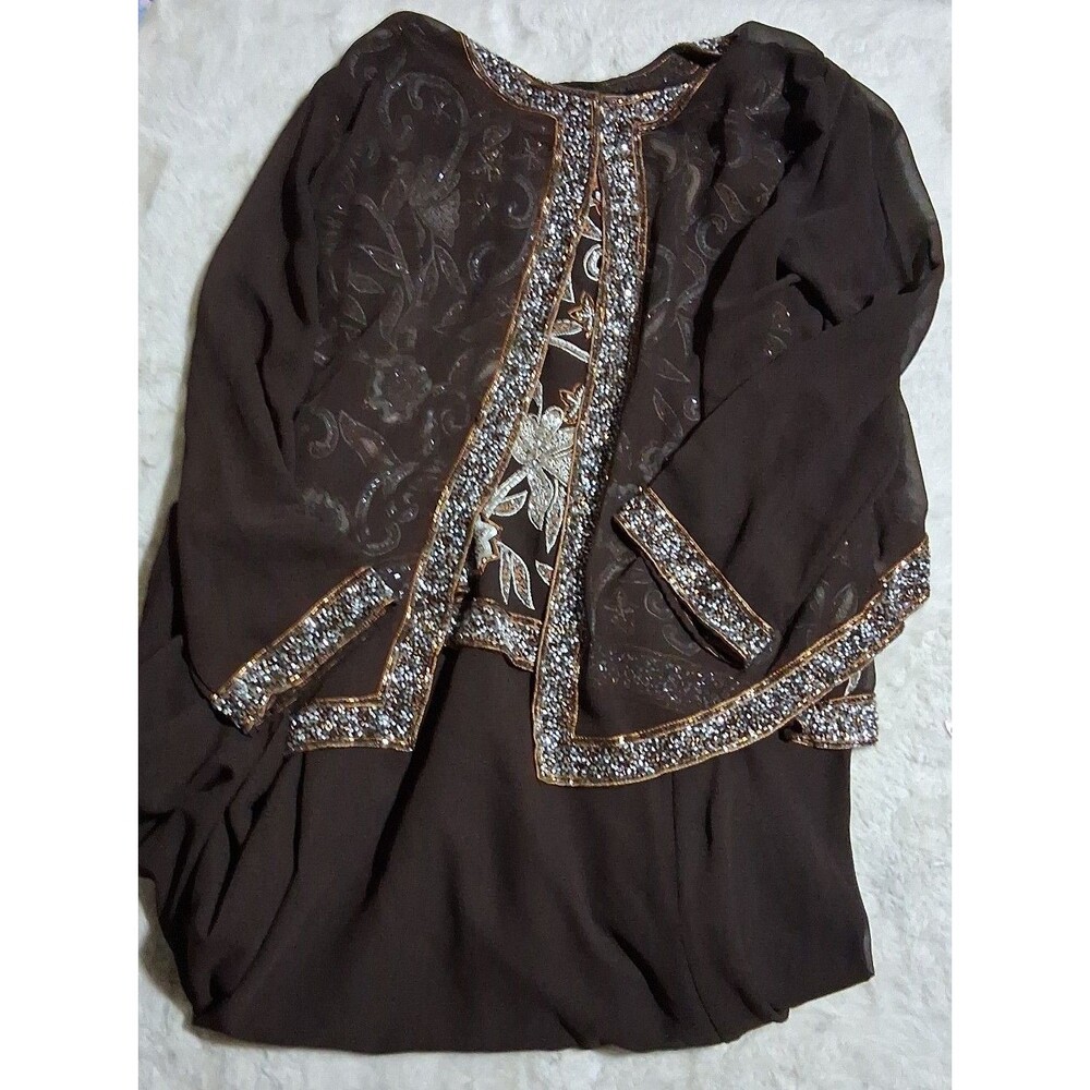 Jkara Brown Embellished Sheer Sleeve Dress w elegant sheer sz24W